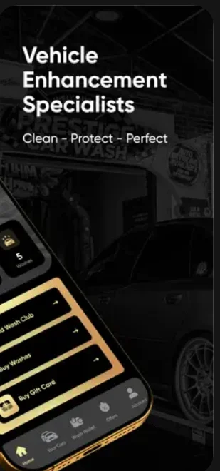Prestige app menu — Unlimited Wash Club, Buy Washes, Gift Cards