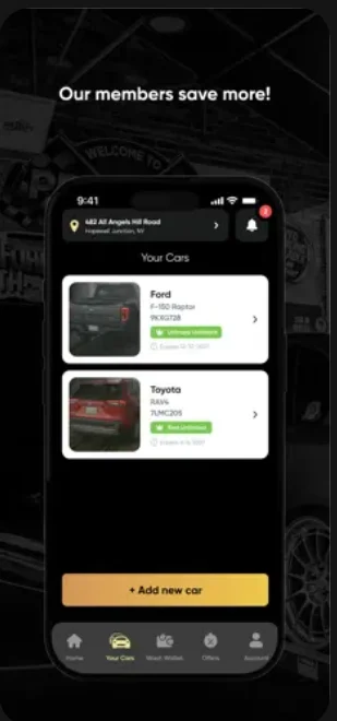 Your Cars screen — save your vehicles and memberships
