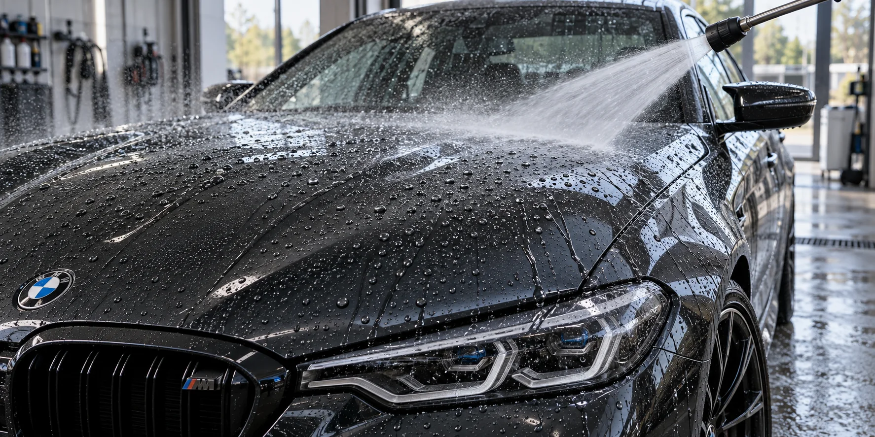 Water beading on a ceramic-coated BMW hood during a pressure wash