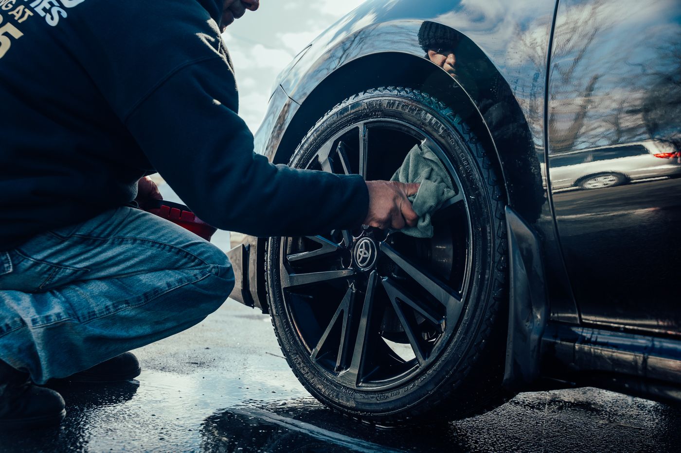 Wheels and tires being cleaned at Prestige